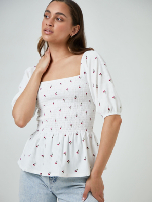 White Floral Shirred Peplum Top Women at ASDA