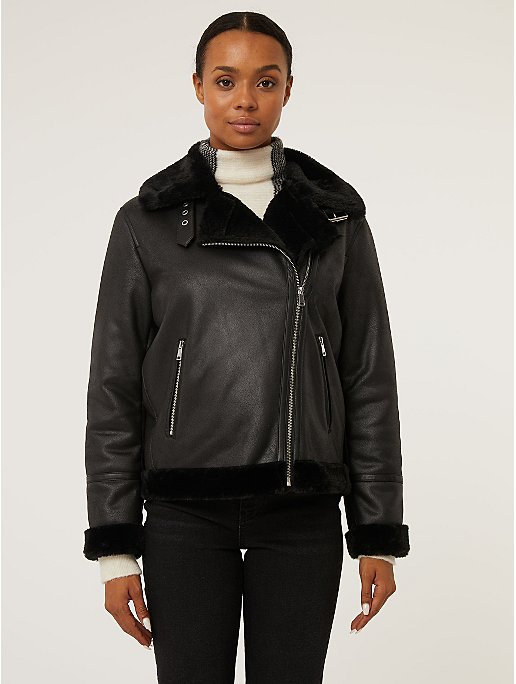 Black Faux Fur Lined Aviator Jacket | Women | George at ASDA