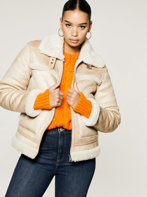 Neutral Faux Fur Lined Aviator Jacket Women at ASDA