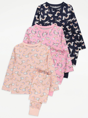 Assorted Unicorn Print Long Sleeve Pyjamas 3 Pack
