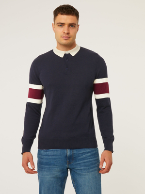 Navy Colour Block Knitted Rugby Polo Top Men at ASDA