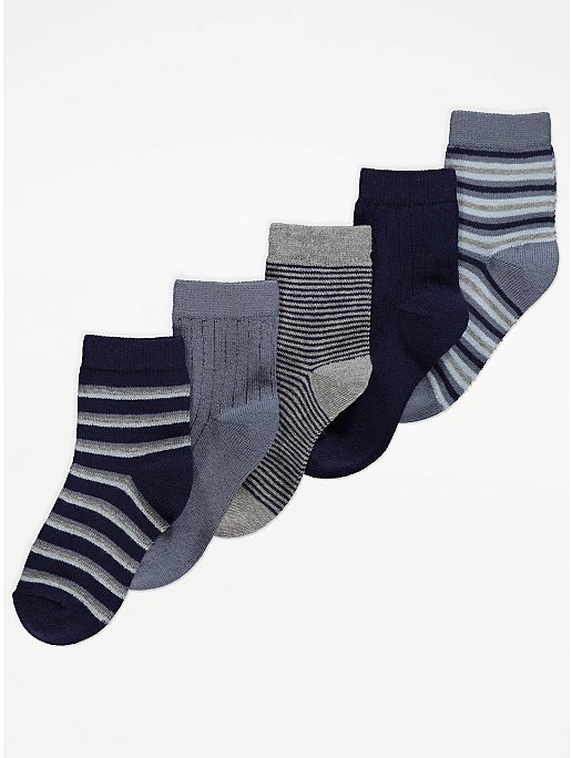 Blue Striped Ankle Cotton Rich Socks 5 Pack | Kids | George at ASDA