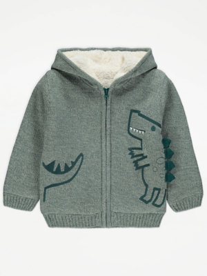 Green Dinosaur Sherpa Lined Knitted Cardigan Kids at ASDA