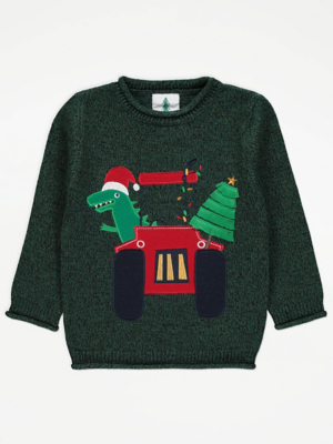 Green Tractor Dino Knitted Christmas Jumper | Kids | George at ASDA