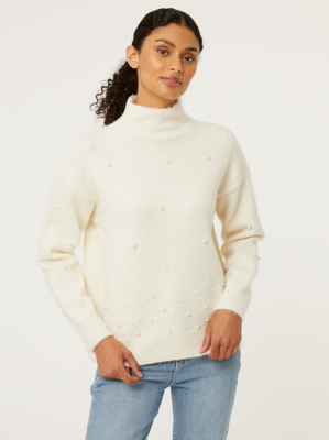 Cream Pearl Stud Knitted Jumper Women at ASDA