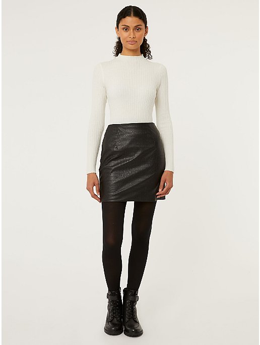 Black Leather Look Animal Textured Mini Skirt | Women | George at ASDA