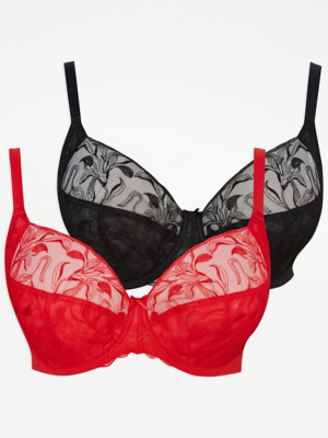Red Lace Full Cup Non Padded Bras 2 Pack Lingerie at ASDA