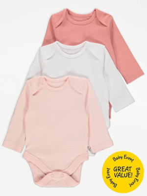 Pink Long Sleeve Bodysuits 3 Pack Baby at ASDA