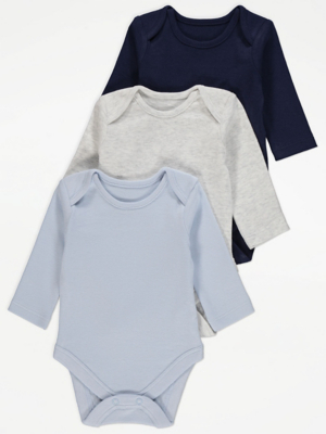 Navy Assorted Long Sleeve Bodysuits 3 Pack Baby at ASDA