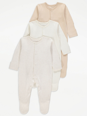 Neutral Long Sleeve Sleepsuits 3 Pack Baby at ASDA