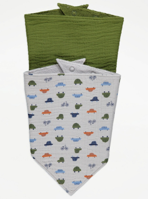 Green Assorted Vehicle Print Bibs 2 Pack Baby at ASDA