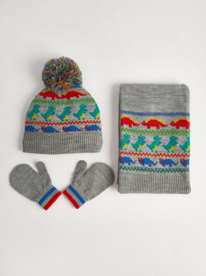 Grey Dinosaur Fairisle Hat Scarf and Mittens Set Kids at ASDA