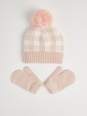 Pink Checked Bobble Hat and Mittens Set Kids at ASDA