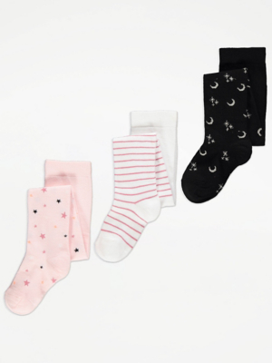Assorted Moon and Stars Cotton Rich Tights 3 Pack Kids at ASDA
