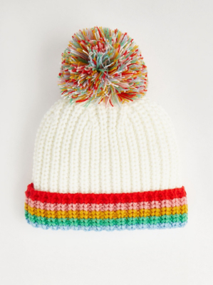 Cream Rainbow Pom Pom Beanie Hat Kids at ASDA