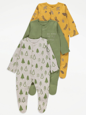 Green Woodland Sleepsuits 3 Pack Baby at ASDA