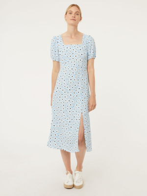 Blue Floral Print Puff Sleeve Midi Dress Women at ASDA