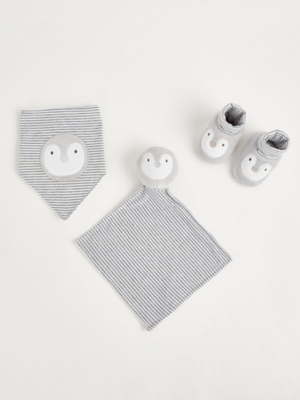 Grey Penguin Print Dribble Bib Comforter and Booties Set Baby