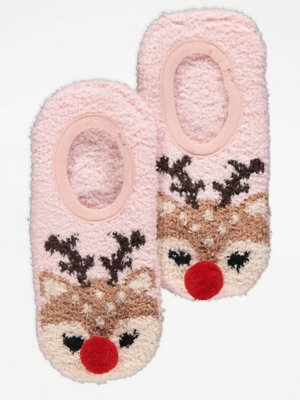 Pink Reindeer Print Slipper Socks Women at ASDA