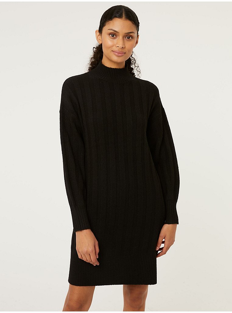 Black Ribbed Funnel Neck Knitted Midi Dress | Women | George at ASDA