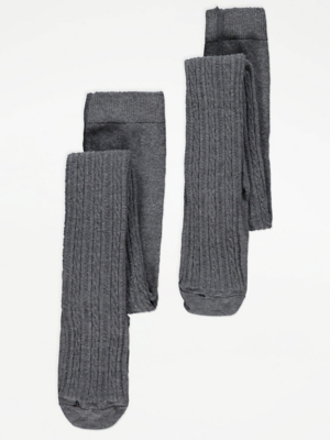 Grey Cable Knit Cotton Rich Tights 2 Pack Kids at ASDA