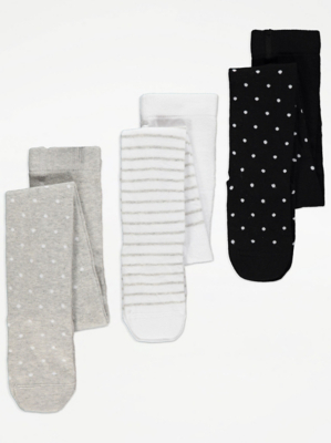 Black and White Spot Cotton Rich Tights 3 Pack Kids at ASDA