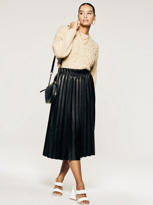 Black Leather Look Pleated Midi Skirt Women at ASDA
