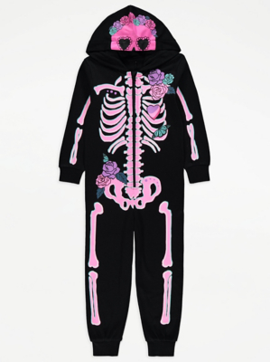 Halloween Black Neon Pink Skeleton Rose Onesie Kids at ASDA