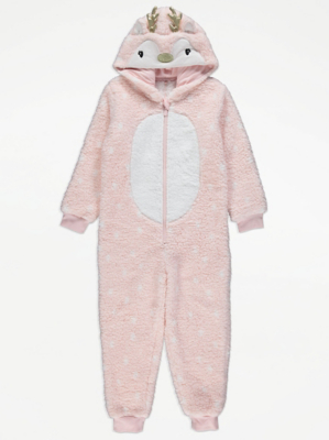 Pink Reindeer Fleece Hooded Onesie Kids at ASDA