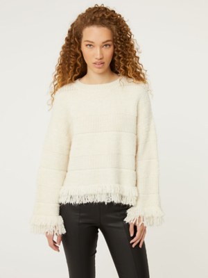 Cream Fringed Hem Knitted Jumper Women at ASDA