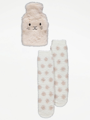 Cream Faux Fur Rabbit Hot Water Bottle and Cosy Socks Gift Set Women