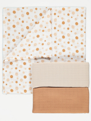 Yellow Spot Square Muslins 3 Pack Baby at ASDA