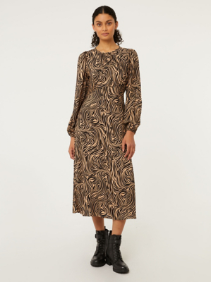 Brown Animal Print Long Sleeve Midi Dress Women at ASDA