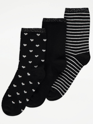 Black Heart Print Ankle Socks 3 Pack Women at ASDA