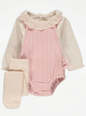 Pink Knitted Romper Top and Tights Set Baby at ASDA