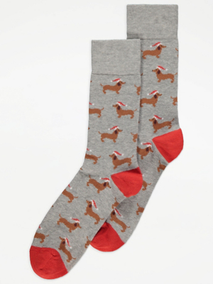 Grey Sausage Dog Christmas Socks Men at ASDA
