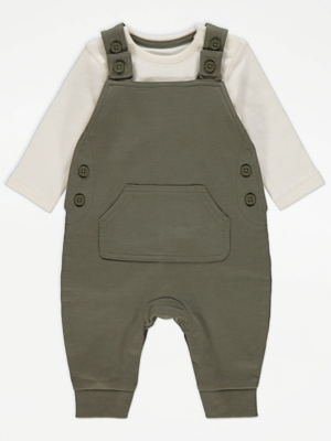 Khaki Dungaree and Long Sleeve Bodysuit Outfit Baby at ASDA