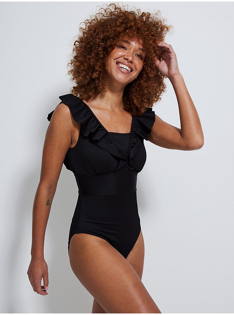 Black Post Surgery Frilled Ribbed Swimsuit, Women
