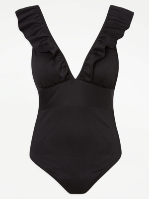 Black Frilled Ribbed Swimsuit Women at ASDA