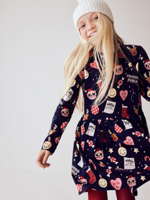 Navy Fun Christmas Print Skater Dress Kids at ASDA