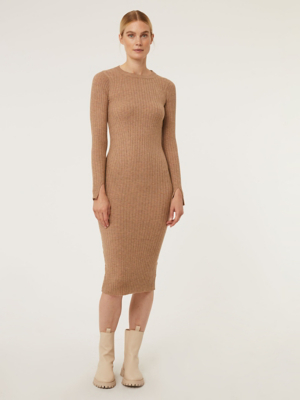 Brown Crew Neck Ribbed Knit Midi Dress Women at ASDA