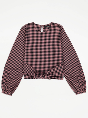 Pink Gingham Tie Front Blouse