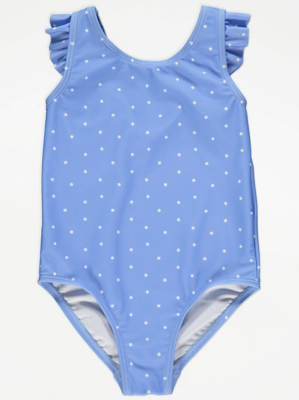 Blue Spot Print Frill Swimsuit Kids at ASDA