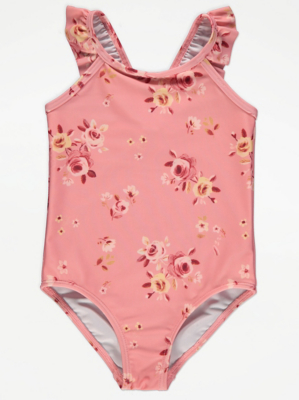 Pink Rose Print Frilled Swimsuit Kids at ASDA