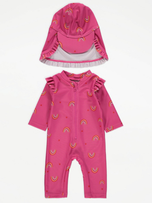 Berry Rainbow Print Sunsafe Swimsuit and Keppi Hat Baby at ASDA