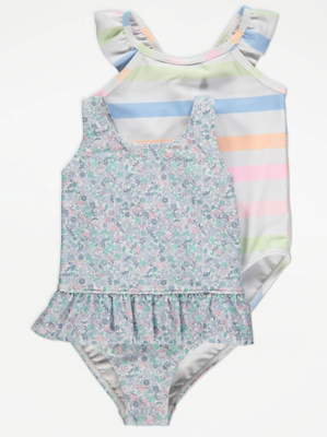 Blue Ditsy Floral Print Frilled Swimsuit 2 Pack Kids at ASDA