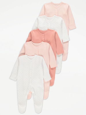 White Mini Heart Sleepsuits 5 Pack Baby at ASDA