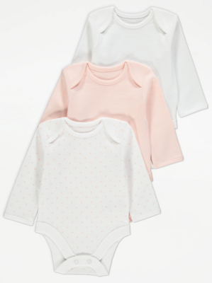 White Mini Heart Long Sleeve Bodysuits 3 Pack Baby at ASDA