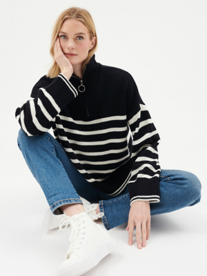 Black Stripe Zip Neck Jumper | Women | George at ASDA