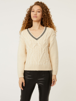 Cream V Neck Cable Knit Jumper Women at ASDA